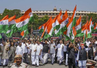 Congress Led Opposition Marches With Tricolor In Parliament